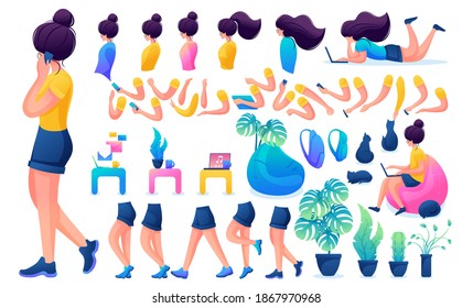 Constructor for creating a Young Girl. Create your own beautiful girl character with a Set of hands and feet. Flat 2D vector illustration N4.