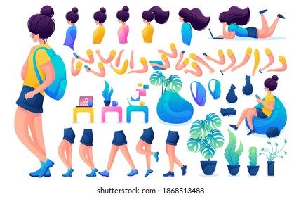 Constructor for creating a Young Girl. Create your own beautiful girl character with a Set of hands and feet. Flat 2D vector illustration N1.