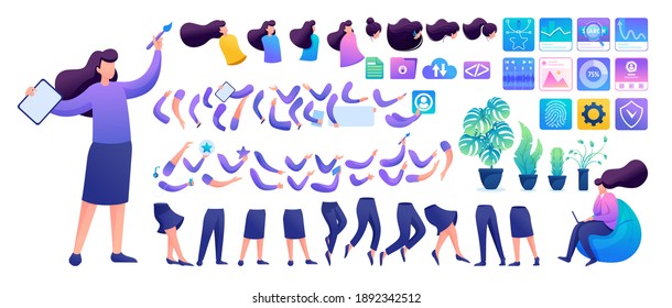 Constructor for creating a Young Girl N12. Create your own character with a Set of hands and feet. Flat 2D characters