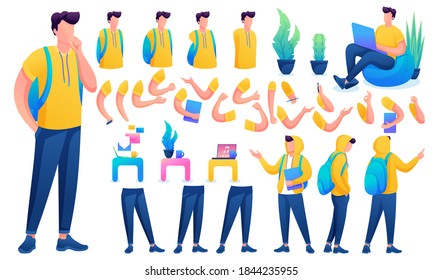 Constructor for creating a Young Men. Create your own Young Men character with a Set of hands and feet. Flat 2D vector illustration .