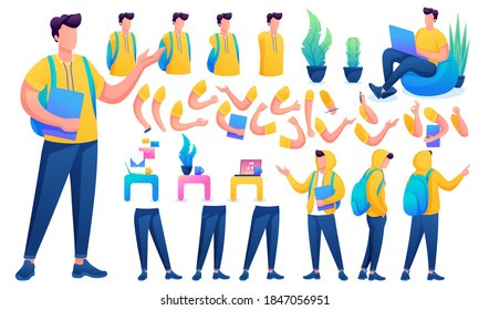 Constructor for creating a Young Men. Create your own Young Men character with a Set of hands and feet. Flat 2D vector illustration N7.