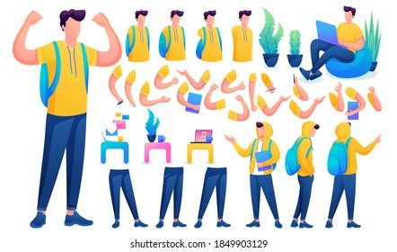 Constructor for creating a Young Men. Create your own Young Men character with a Set of hands and feet. Flat 2D vector illustration N6.