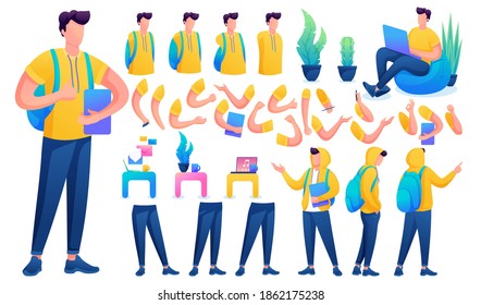 Constructor for creating a Young Men. Create your own Young Men character with a Set of hands and feet. Flat 2D vector illustration N9