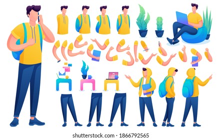 Constructor for creating a Young Men. Create your own Young Men character with a Set of hands and feet. Flat 2D vector illustration.