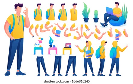 Constructor for creating a Young Men. Create your own Young Men character with a Set of hands and feet. Flat 2D vector illustration N5