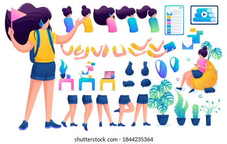 Constructor for creating a young teen girl. Create your own beautiful girl character with a set of hands and feet. Flat 2D vector illustration .
