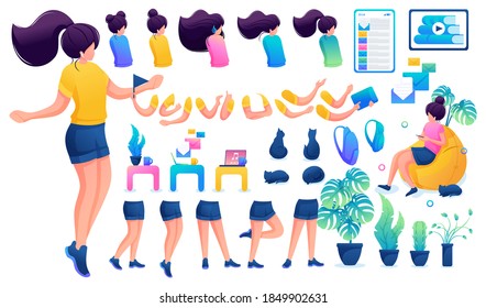 Constructor for creating a young teen girl. Create your own beautiful girl character with a set of hands and feet. Flat 2D vector illustration N5.