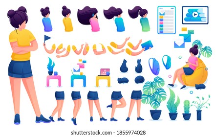 Constructor for creating a young teen girl. Create your own beautiful girl character with a set of hands and feet. Flat 2D vector illustration N6.