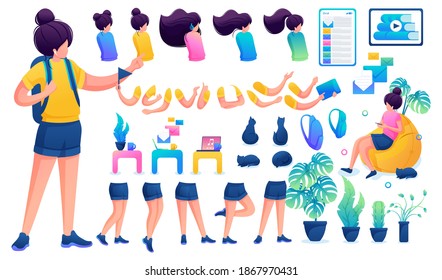 Constructor for creating a young teen girl. Create your own beautiful girl character with a set of hands and feet. Flat 2D vector illustration N2.