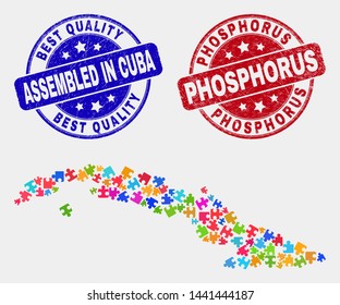 Constructor Cuba map and blue Assembled stamp, and Phosphorus distress seal stamp. Colored vector Cuba map mosaic of plugin elements. Red round Phosphorus seal.