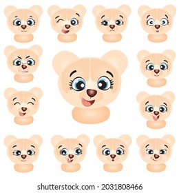Constructor of cute cartoon children character with different face emotions isolated on white background. Collection of different facial expressions of cute girl vector graphic illustration