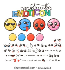 Constructor of cute lovely kawaii emoticon. Doodle cartoon face in childlike manga cartoon style.