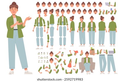 Constructor cute woman character in casual clothes. Housewife or freelancer. Set of different positions of arms legs body and head for creating animation and your own illustrations. DIY kit