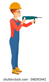 A constructor drilling a hole using a perforator vector flat design illustration isolated on white background. Vertical layout.