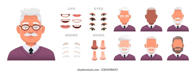 Constructor of an elderly male face. Set of eyes, noses, eyebrows, lips and hairstyles to create male characters. Facial elements for the construction of a portrait of an old man. Vector illustration