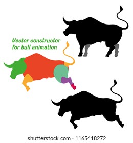 Constructor, elements for animation of bull. Enraged bull runs to the matador. Symbol of power and strength - big evil bull. Auto sticker, car wrapping, graphic for bull animated. Vector illustration