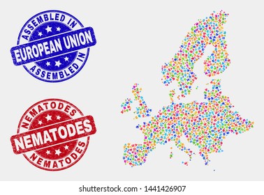 Constructor European Union map and blue Assembled seal stamp, and Nematodes scratched seal stamp. Colorful vector European Union map mosaic of plugin modules. Red round Nematodes stamp.