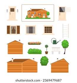 Constructor of farmhouse exterior with elements. Rural house concept. Vector illustration. Cartoon flat style 