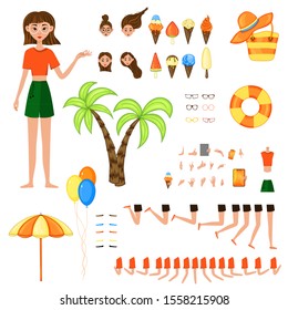 Constructor with a female character on a summer theme. Cartoon style. Vector illustration