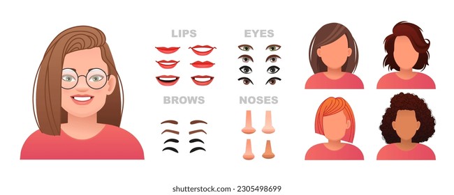 Constructor of a female face. A set of eyes, noses, eyebrows, lips and hairstyles to create female characters. Facial elements for building a portrait of a young girl. Vector illustration