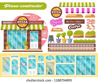 Constructor flat design city public buildings with storefronts and different interior design elements. Modern landscape set  with pizzeria concept with decorative icons.
Vector set of pizza building.