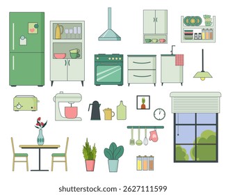 Construtor de móveis e elementos para a cozinha. Conjunto de itens. Mesa e cadeiras, geladeira e fogão. Armários e armários com pratos. . Utensílios de cozinha forno de micro-ondas, torradeira e misturador