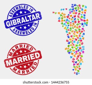 Constructor Gibraltar map and blue Assembled seal stamp, and Married scratched seal stamp. Colored vector Gibraltar map mosaic of plug-in bricks. Red rounded Married seal.