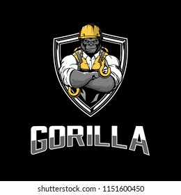 Constructor Gorilla With Hard Hat And Hook Badge Logo Vector Template