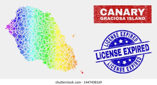 Constructor Graciosa Island map and blue License Expired textured stamp. Colorful gradiented vector Graciosa Island map mosaic of repair items. Blue round License Expired stamp.