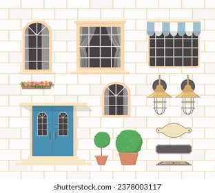 Constructor of house elements from blue doors, windows, lanterns, plants, signs. Create your own home. Exterior concept for house. Vector illustration. Cartoon flat style