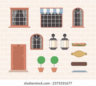 Constructor of house elements from brown doors, windows, lanterns, plants, signs. Create your own home. Exterior concept for house. Vector illustration. Cartoon flat style