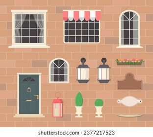 Constructor of house elements from dark door, windows, lanterns, plants, signs. Create your own home. Exterior concept for house. Vector illustration. Cartoon flat style