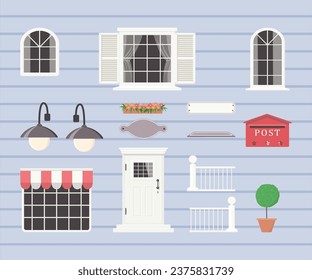 Constructor of house elements from white door, windows, lanterns, plants, signs. Create your own home. Exterior concept for house. Vector illustration. Cartoon flat style