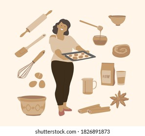 Constructor of items and products for baking. Girl with a tray and fresh buns. Flat vector illustration. Flour, eggs, silicone spatula, whisk, rolling pin, cinnamon.