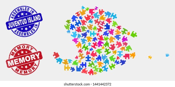 Constructor Juventud Island map and blue Assembled stamp, and Memory textured seal. Colorful vector Juventud Island map mosaic of puzzle bricks. Red rounded Memory stamp.