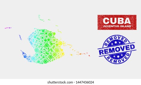 Constructor Juventud Island map and blue Removed textured seal. Spectrum gradient vector Juventud Island map mosaic of productivity items. Blue rounded Removed seal.