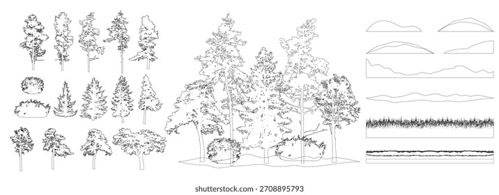 Kit de constructor. Contornos de hermosos abetos, pinos, otros árboles, hierba, colina. Creación de hermoso parque, bosque, paisaje, bosque, colección de elemento. Ilustración vectorial.