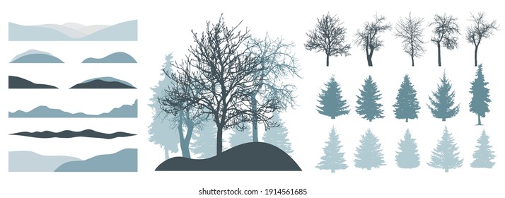 Constructor kit. Silhouettes of beautiful bare trees, Christmas trees, snow hill. Creation of winter beautiful park, forest, landscape, collection of element. Vector illustration.