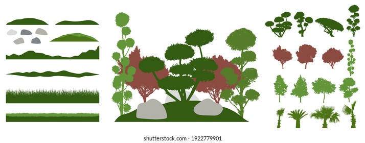 Constructor kit. Silhouettes of beautiful decorative trees, bonsai, palm tree, stone, grass, hill. Creation of summer beautiful landscaped garden, collection of element. Vector illustration.
