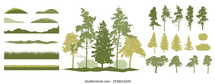 Constructor kit. Silhouettes of beautiful spruce trees, pine, other trees, grass, hill. Creation of spring beautiful park, forest, landscape, woodland, collection of element. Vector illustration.