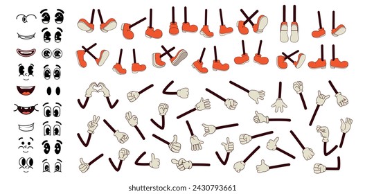 Constructor of legs, facial expressions and arms in different poses in groovy style. Vector illustration. Hippie and psychedelic sticker collection. Funky vintage retro design. Comic Boots. 70-80s.Y2K