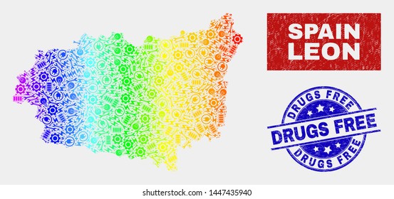 Constructor Leon Province map and blue Drugs Free scratched seal stamp. Colorful gradient vector Leon Province map mosaic of tools. Blue round Drugs Free seal.