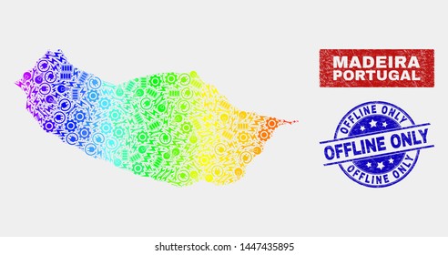 Constructor Madeira map and blue Offline Only grunge seal. Rainbow colored gradient vector Madeira map mosaic of industrial units. Blue round Offline Only seal.