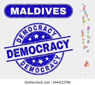 Constructor Maldives map and blue Democracy distress seal. Bright vector Maldives map mosaic of workshop units. Blue rounded Democracy seal.
