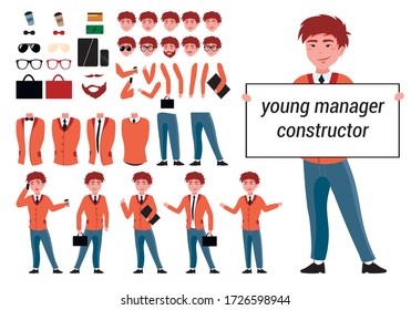 Constructor manager character for your scenes in vector. Constructor character set with various views, emotions, poses, Accessories and gestures. Parts of body template for animation and design.