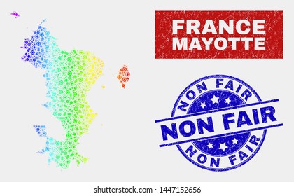 Constructor Mayotte Islands map and blue Non Fair distress stamp. Spectrum gradiented vector Mayotte Islands map mosaic of equipment parts. Blue round Non Fair stamp.