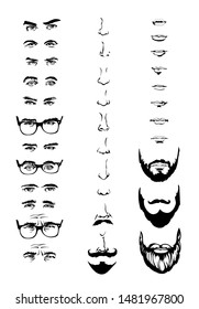 Constructor with men hipster glasses, beards, mustaches, eyes, nose, mouth Vector illustration