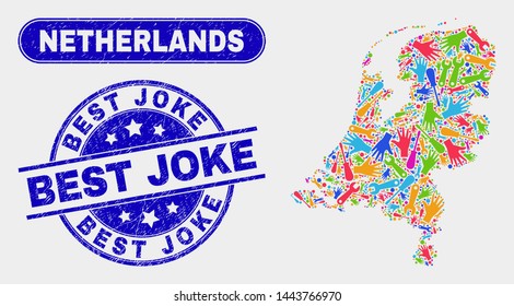 Constructor Netherlands map and blue Best Joke grunge seal stamp. Bright vector Netherlands map mosaic of mechanic parts. Blue round Best Joke seal.
