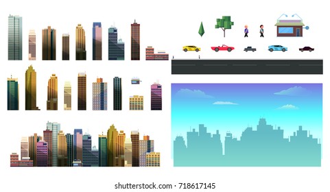 Constructor for night city background. Easy to create your own view of the city, with separate elements - buildings, road, cars,background. Compatible with my other city constructor sets