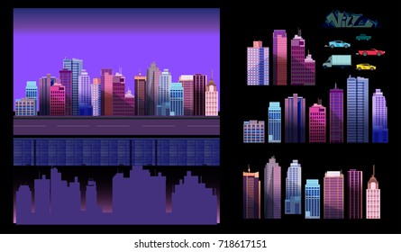 Constructor for night city background. Easy to create your own view of the city, with separate elements - buildings, road, cars,background. Illustration is vector and prepared in modern flat style